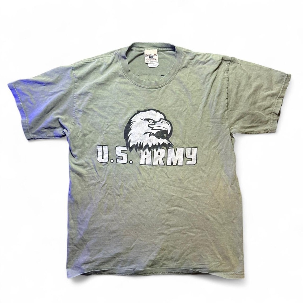 Vintage 90s US Army Distressed Graphic T-Shirt Mens L Army Green Cotton Grunge